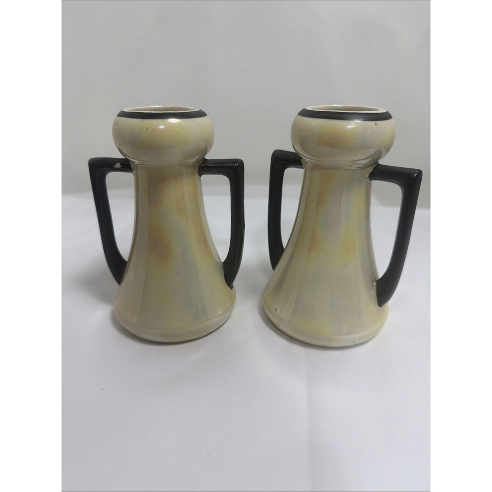 Vintage Czechoslovakia Lusterware Vases Pair 5" Twin Handle Art Deco Pottery